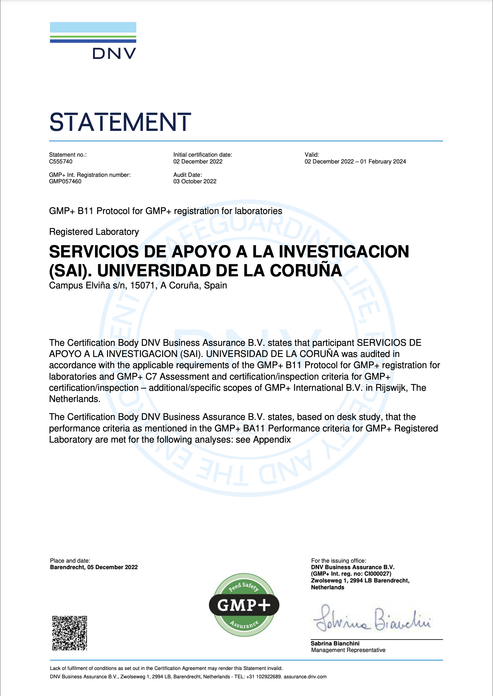  Certificación GMP+ B11, Protocolo para rexistro GMP+ de laboratorios